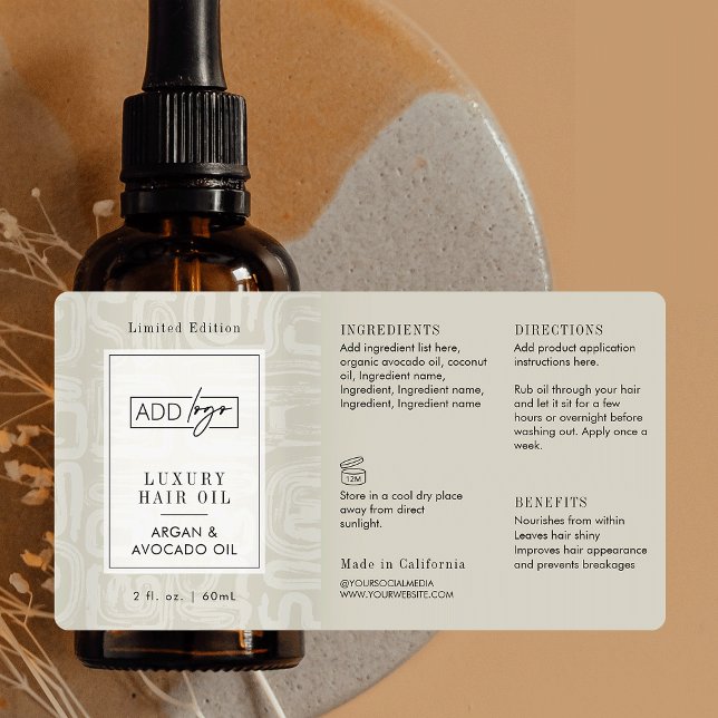 Etiqueta Neutral Beige Boho Pattern Logo 2OZ Dropper Bottle (Elegant cream and white tones custom logo cosmetic bottle wrap around label design )