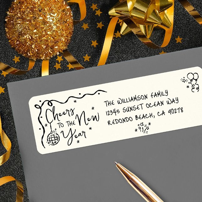 Etiqueta New Year Cheer Black Cream Hand Drawn  Fun Address (Criador carregado)