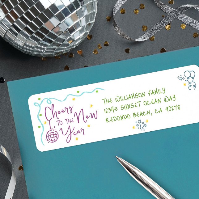 Etiqueta New Year Cheer Teal Purple Green Doodles Address (Criador carregado)