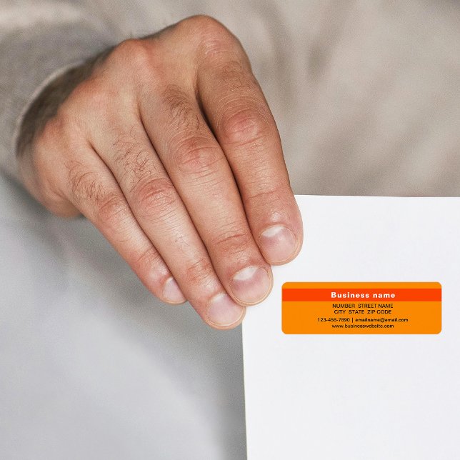 Etiqueta Nome Comercial Destacado no Endereço de Devolução  (Orange return address label with your highlighted business name)