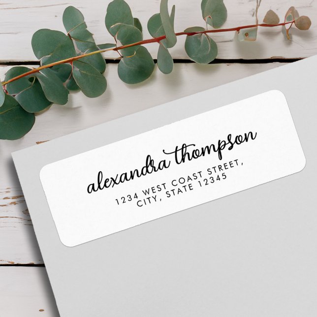 Etiqueta Nome Elegante Mínimo Preto e Branco (Minimalist Black and White Elegant Script Name Label)