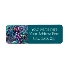 Etiqueta Octopus Floral Teal Roxo Azul Costeira
