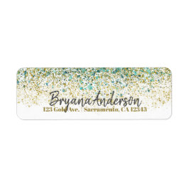 Etiqueta Ouro Branco e Brilho Azul Turquesa Glam Moderno Co