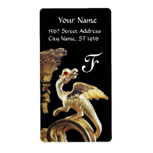 Etiqueta OURO DRAGON NO Monograma da RUBY VERMELHA NEGRA