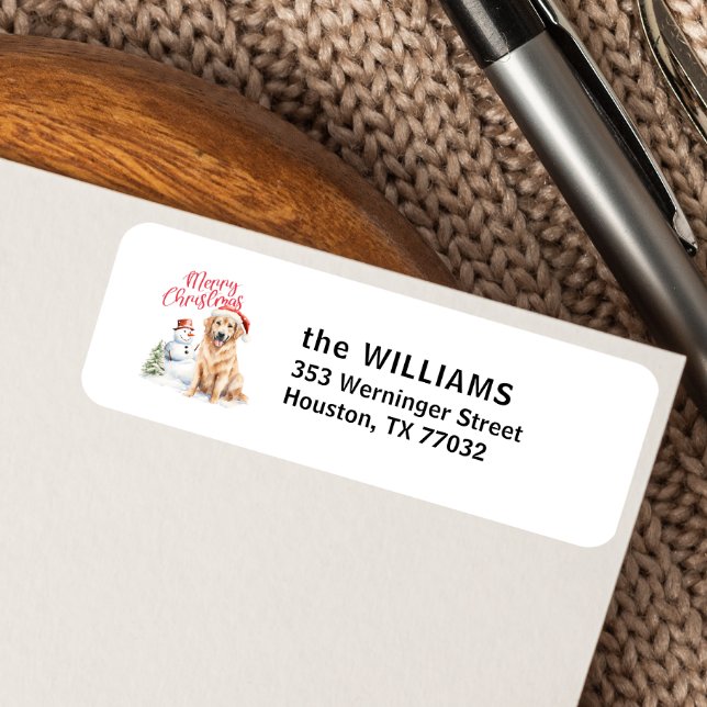 ETIQUETA OURO RETRIVER SANTA HAT SNOWMAN PERSONALIZADO (MERRY CHRISTMAS WATERCOLOR GOLDEN RETRIEVER FOR HOLIDAY CORRESPONDANCE DOG THEME)