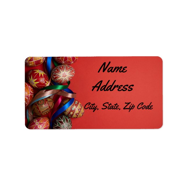 Etiqueta Ovos decorados sobre fundo vermelho (Frente)