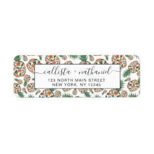 Etiqueta Padrão de Ananás Floral Coral Laranja Aquarela
