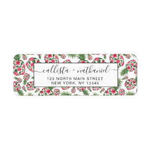Etiqueta Padrão de ananás florido com aquarela verde rosa