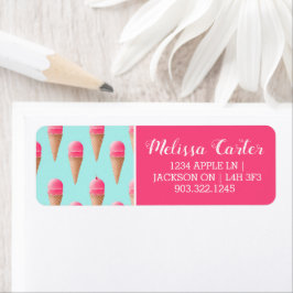 Etiqueta Padrão de Cone de Sorvete de Morango Rosa, Azul