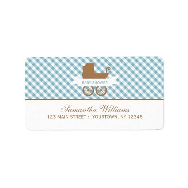 Etiqueta Padrão de Gingham Azul e Carruagem de Bebê (Frente)