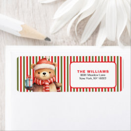 Etiqueta Padrão de Listra de Natal Retrô & Urso de Pelúcia