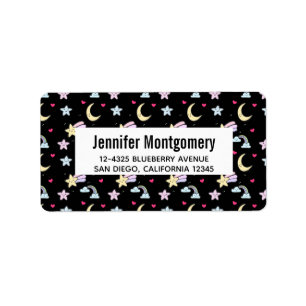 Etiqueta Padrão de Lua Branca, Estrelas e Nuvens em Preto