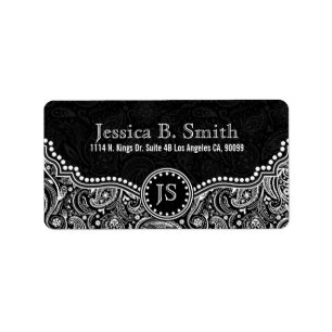 Etiqueta Padrão de Paisley Floral Preto e Branco