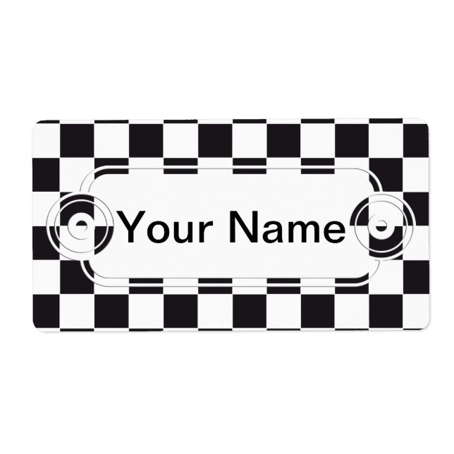 Etiqueta Padrão quadrado do xadrez - preto + texto e backgr (Frente)