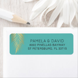 Etiqueta Palm Dourado tropical Frond em Caribe Azul