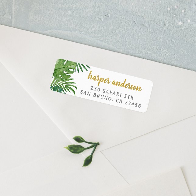 Etiqueta Palm & Monstera | Nome Dourado Endereço de retorno (Return Address Label Mock-up)