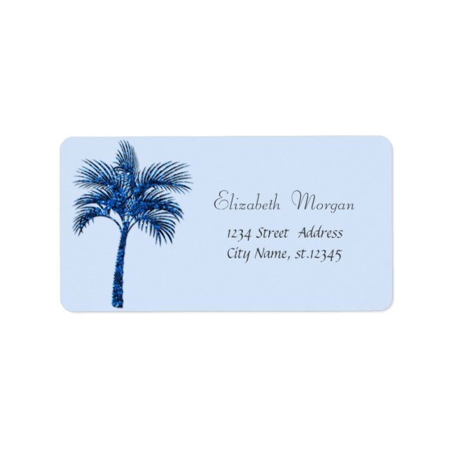 Etiqueta Palma de Glitter Tropical Azul Moderno (Frente)