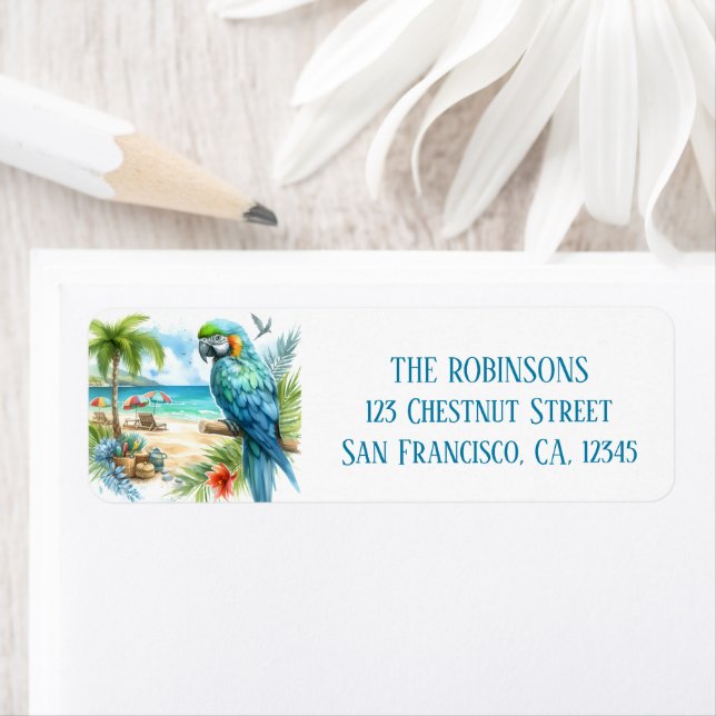 Etiqueta Papagaio de Aquarela de Verão na praia (Insitu)
