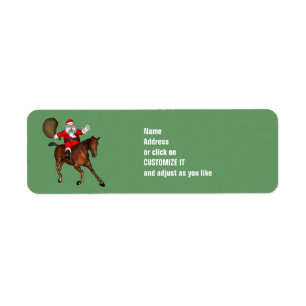 Etiqueta Papai Noel Andando Um Cavalo Marrom