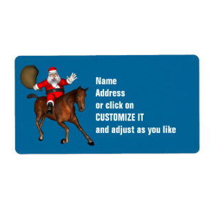 Etiqueta Papai Noel Andando Um Cavalo Marrom