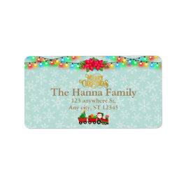 Etiqueta Papai Noel em trem com presentes e árvore de Natal