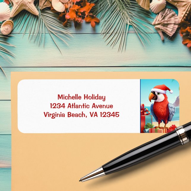 Etiqueta Papais noeis bonitos Papagaio Tropical Beach Ender (Cute Santa Parrot Tropical Beach Christmas Address Label)