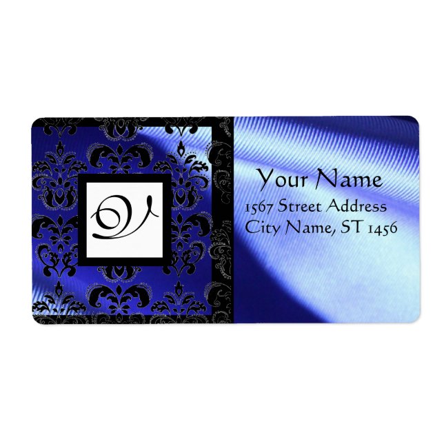 ETIQUETA PAPEL AZUL NEGRO DAMASK, MONOGRAMA QUADRADA (Frente)