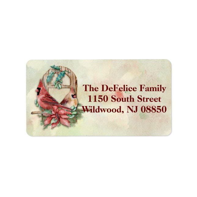 Etiqueta Par dos Cardinais de inverno com Poinsettia (Frente)