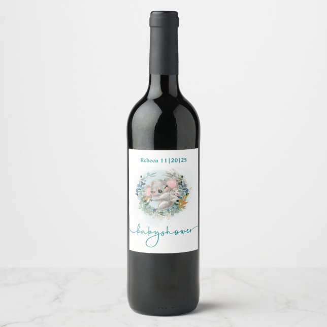 Etiqueta para botella vino Baby Shower Baby Koala (Frente)