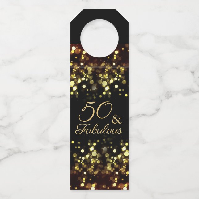 Etiqueta Para Garrafa 50 e Fabuloso Bokeh Dourado de Aniversário (Frente)