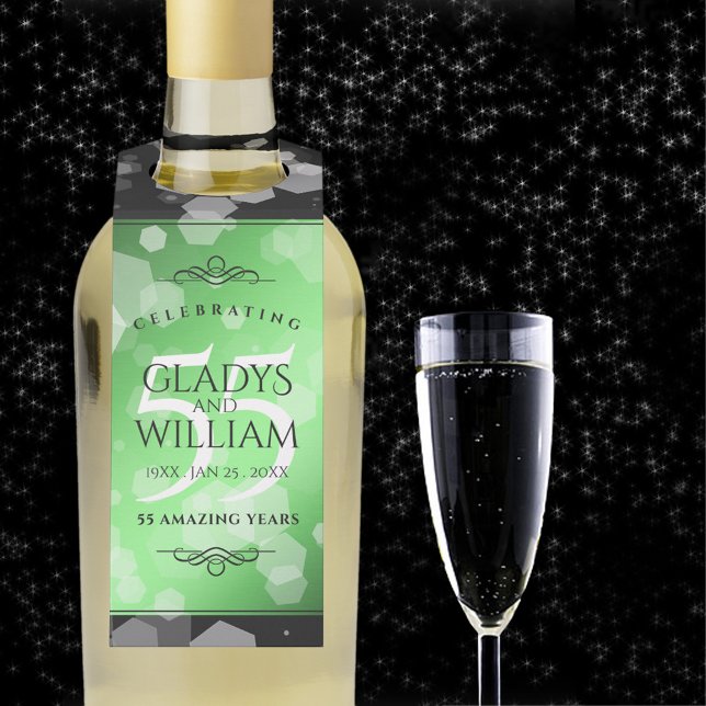 Etiqueta Para Garrafa 55.º aniversário do Casamento Emerald (55th emerald wedding anniversary with champagne flute on a starry night sky.)
