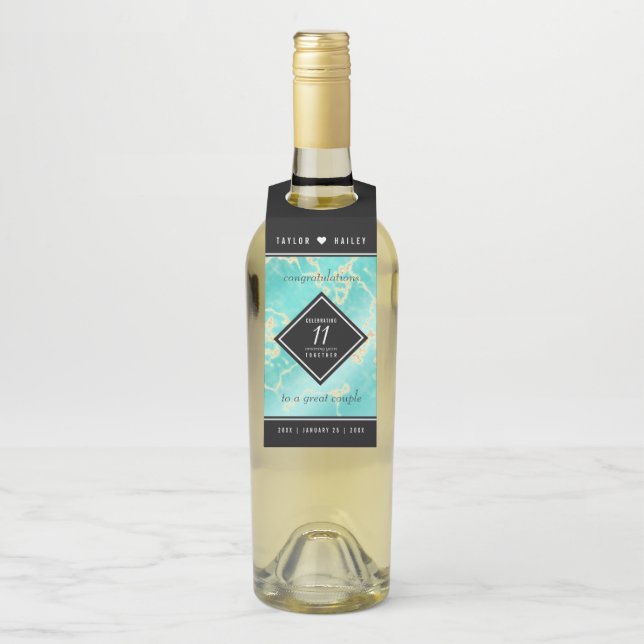 Etiqueta Para Garrafa Aniversário de Casamento da 11 Turquesa Elegante (Na garrafa)