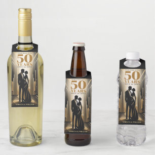 Etiqueta Para Garrafa Aniversário de Casamento Preto e Dourado Art Déco