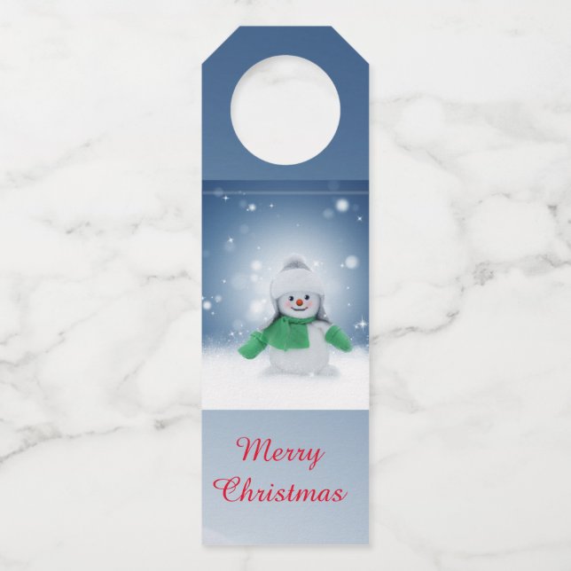Etiqueta Para Garrafa Boneco de neve com um cachecol verde (Frente)