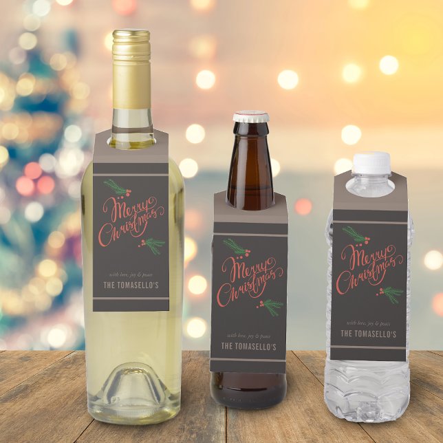 Etiqueta Para Garrafa Brinquedos de Natal Tradicional Holly Berries (Traditional Merry Christmas Holly Berries Bottle Hanger Tag)