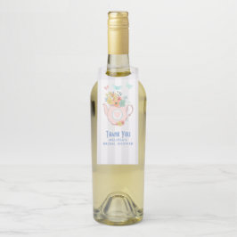 Etiqueta Para Garrafa Bule rosa com flores e borboletas Obrigado
