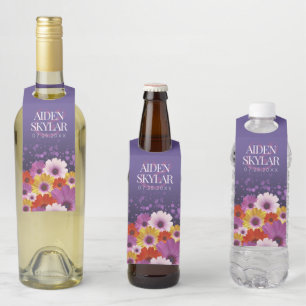 Etiqueta Para Garrafa Casamento de Margaridas Elegantes com Brilho Roxo