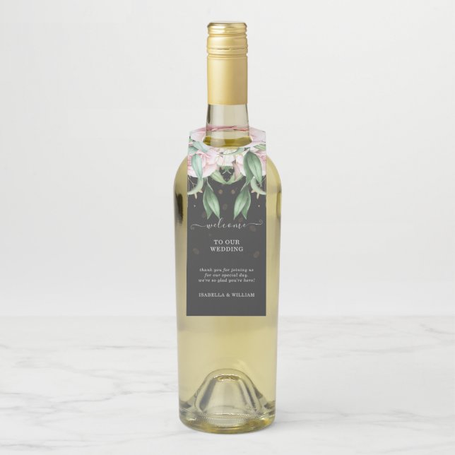 Etiqueta Para Garrafa Casamento Floral Luxo Preto e Rosa (Na garrafa)