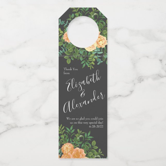 Etiqueta Para Garrafa Casamento Moderno Floral Pêssego Cinza Escuro (Frente)