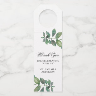 Etiqueta Para Garrafa Casamento na floresta obrigado. Folhas de aquarela