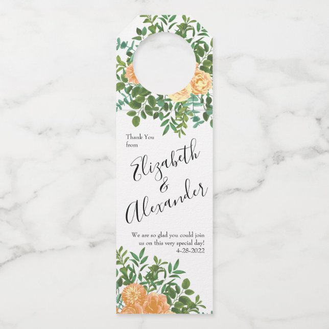 Etiqueta Para Garrafa Casamento Pêssego Clássico Flores Rosas (Frente)