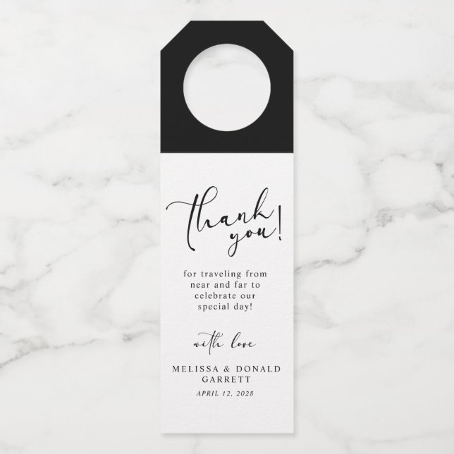 Etiqueta Para Garrafa Casamento Simples Moderno Preto Obrigado Script (Frente)