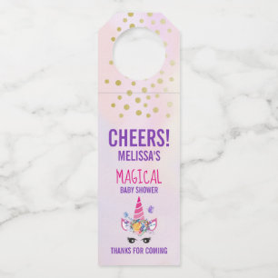 Etiqueta Para Garrafa Chuva de Confetes e Flores de Unicórnio Rosa Baby 