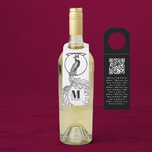 Etiqueta Para Garrafa Código QR de Pavão Preto e Branco Elegante Vintage