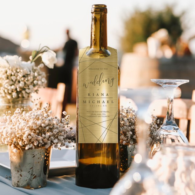Etiqueta Para Garrafa Dourado Casamento Geométrico Metálico ID648 (Wine Bottle In Situ)