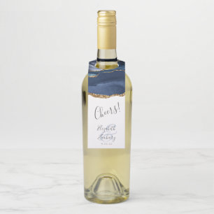 Etiqueta Para Garrafa Elegante Agate Marinho Azul Dourado Casamento Saúd