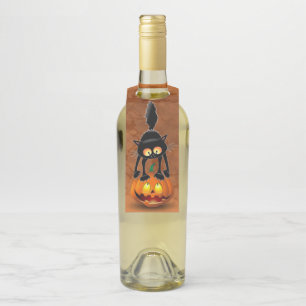 Etiqueta Para Garrafa Gato Halloween Caricatura Assustada na Pumpkin