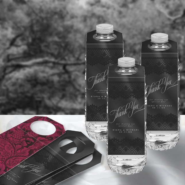 Etiqueta Para Garrafa Gótica Black Lace & Satin Wedding ID866 (Front/Back In Situ)