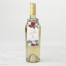 Etiqueta Para Garrafa HOLLY Burgundy Dourado Floral Feliz Natal