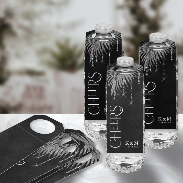 Etiqueta Para Garrafa Jewel Palm Leaf Wedding Cheers Silver ID830 (Front/Back In Situ)